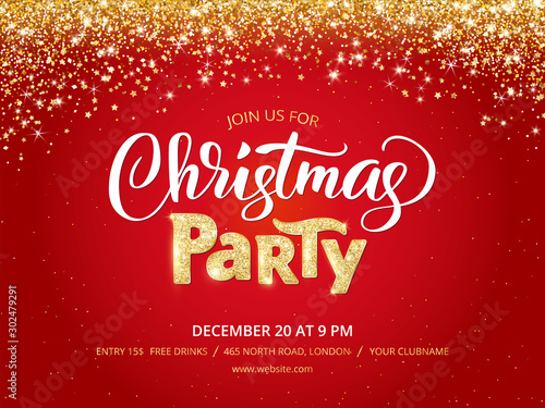 Christmas party poster template. Sparkling glitter holiday background