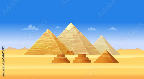 Egyptian pyramid complex in Giza. Famous African landmark  touristic center of Cairo. Illustration in cartoon style.