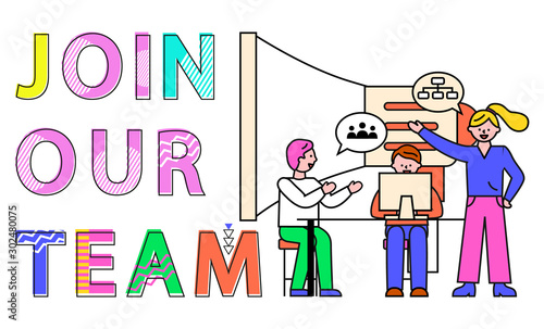 Join our team, people at work. Team leader giving orders to employees. Employer and workers with laptops working on new ideas development. Bullhorn and innovative technologies at job flat vector