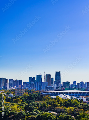 Landscape of national stadium for Tokyo Olympic 2020 in the background of blue sky in Japan 