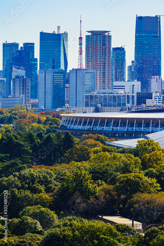 Landscape of national stadium for Tokyo Olympic 2020 in the background of blue sky in Japan   photo