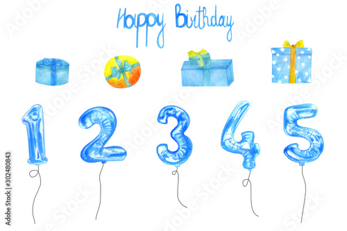 watercolor gift set. Wrapped gifts and ballons. Birthday party. 