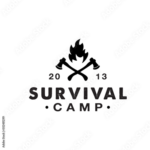 Creative Illustration Ax And Flame For Camping Logo Design