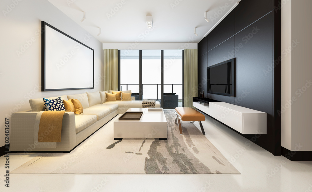 3d rendering luxury and modern living room with fabric sofa with mock up frame 3d rendering luxury and modern living room with fabric sofa with mock up frame