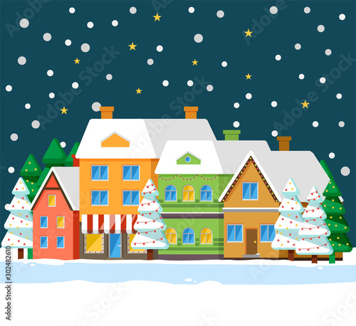 Winter cityscape with houses roofs covered with snow. Night town with homes and pine trees growing outdoors. Street with buildings and spruce with garlands. Christmas time celebration vector
