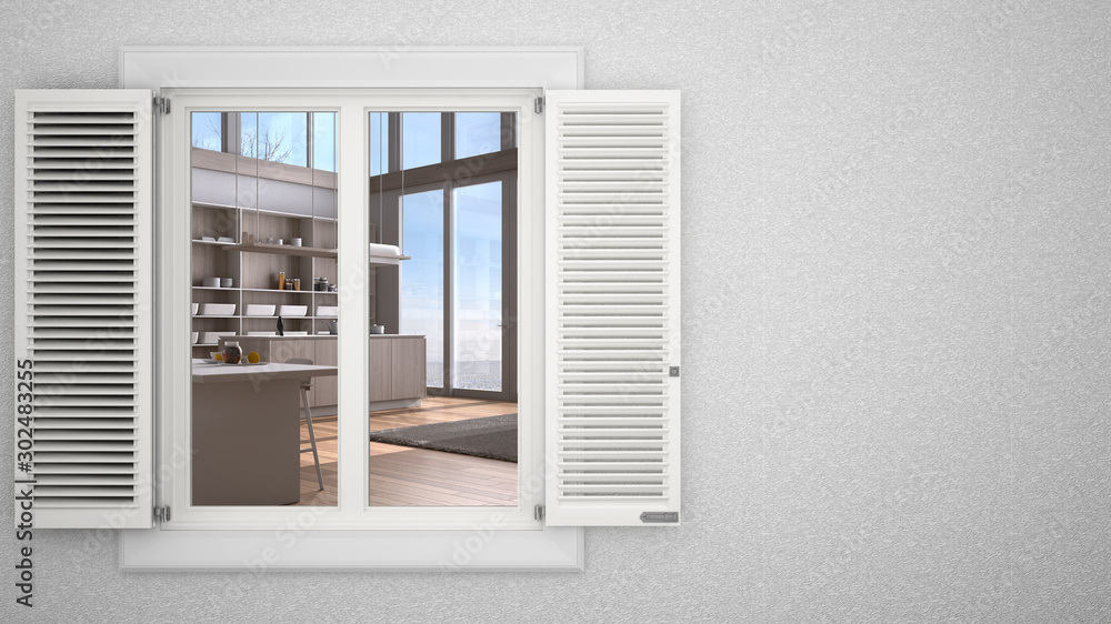 Fototapeta premium Exterior plaster wall with white window with shutters, showing interior modern kitchen, blank background with copy space, architecture design concept idea, mockup template