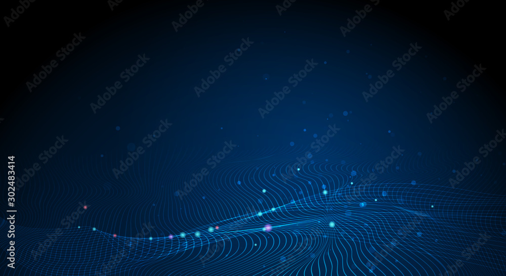 Illustration vector abstract wave motion pattern and dynamic mesh line on dark blue background. Modern futuristic design for background or wallpaper. Digital cyberspace, high tech, technology  concept