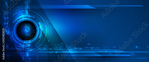 Vector illustration design, digital eyeball and line on circuit board. High tech computer, science technology. Abstract futuristic communication concept. Dark blue color background