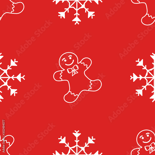 Christmas or New Year seamless pattern background. Holiday Xmas repeat texture. Festive seasonal endless print with gingerbread man, stars, snowflakes. Vector EPS10 illustration.
