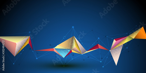 Vector 3D Illustration Geometric, Polygon, Line,Triangle pattern shape with molecule structure. Polygonal with blue purple, yellow background. Abstract science, futuristic, network connection concept