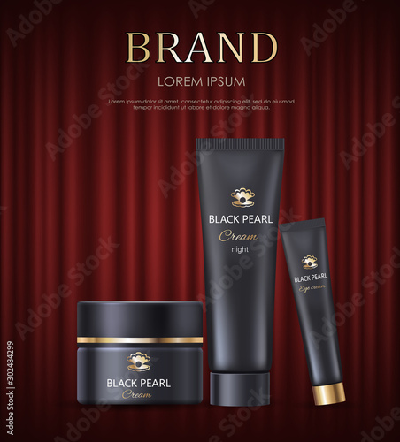Container with cosmetics and production for women vector, products for skincare. Lotions with vitamins and moisturizing elements. Red curtain theater background