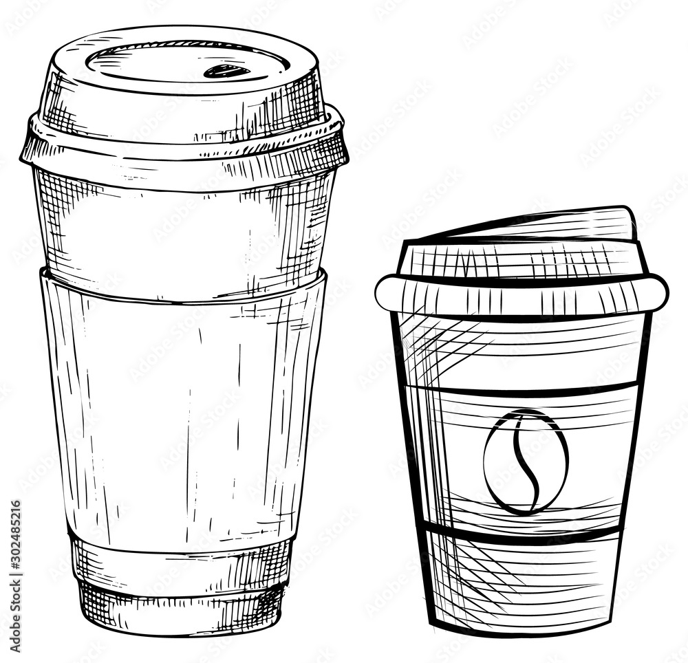 Drawing disposable mug with lid, coffee container with cap. Sketch of