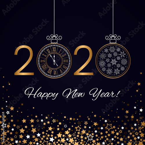 2020 Happy New Year greeting card or banner on the background of fireworks, sparkle and stars and a Christmas ball with a Christmas tree.
