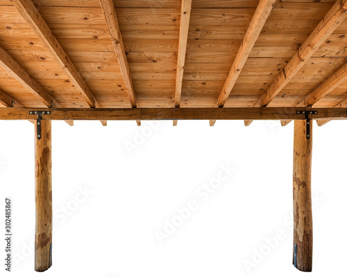Wooden porch roof with wooden columns isolated on white background