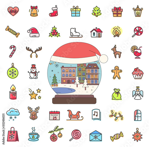 Snowy glass bauble with city vector  isolated set of icons. Sock and bauble outline  gingerbread man and deer. Letter and calendar with date of holiday  candle and candies house and presents