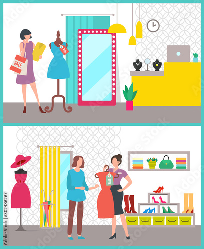 Woman clothes shop. Fashion boutique sale concept. Customer and seller. Girl trying on dress. High heeled shoes and hat in store vector illustration. Season sale