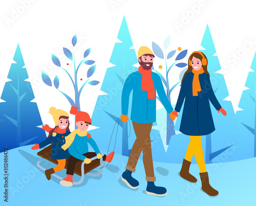 Family strolling together in winter snowy vector park. Mother and father holding hands outdoor in cold weather. Children sledding downhill. People walk in warm clothes like hat and scarf, overcoat