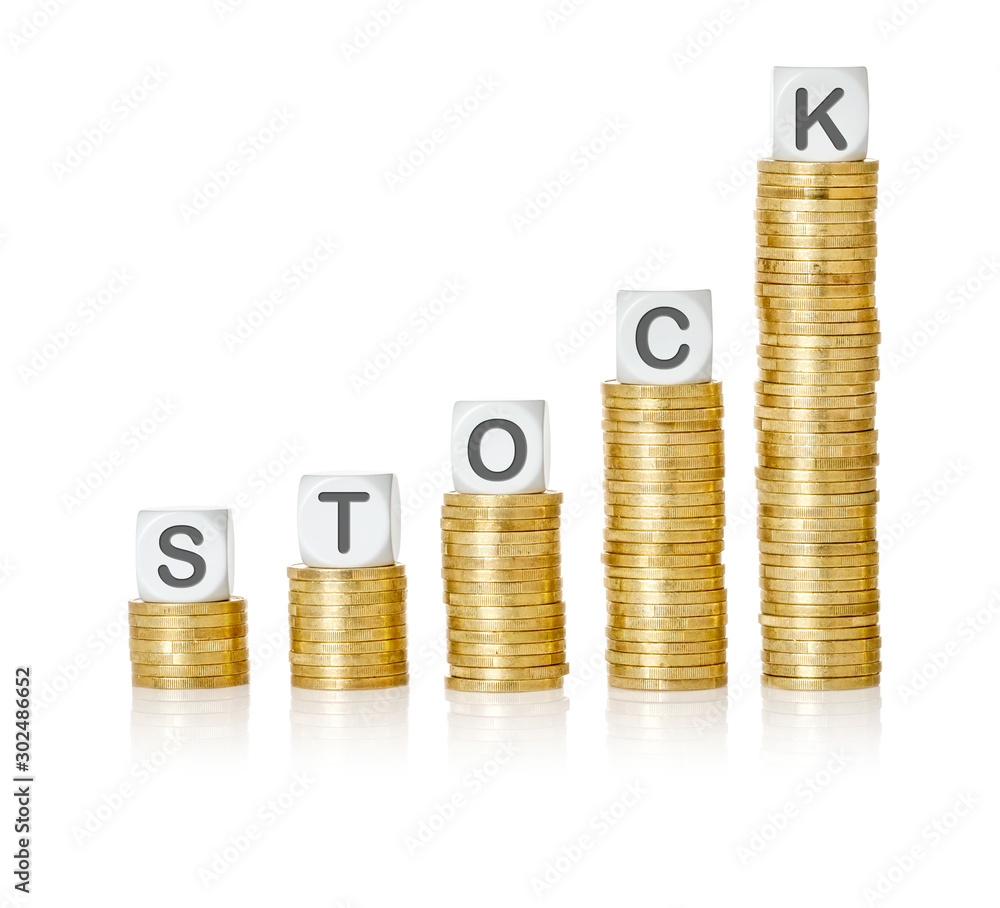 Golden coin stacks with letter dice - Stock Golden coin stacks with letter dice - Stock