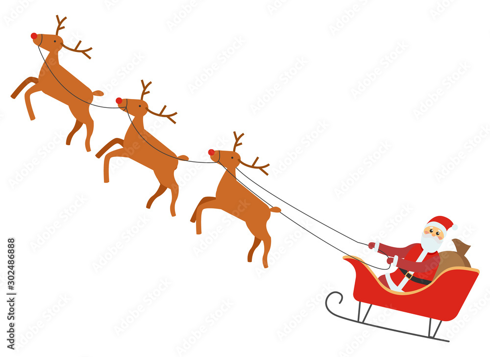 Christmas time, isolated Santa Claus sitting in red carriage with reindeers. Deers with horns at sky, flying magical animals from North pole and winter character. Man in costume, xmas holiday vector
