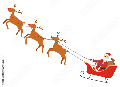 Christmas time, isolated Santa Claus sitting in red carriage with reindeers. Deers with horns at sky, flying magical animals from North pole and winter character. Man in costume, xmas holiday vector
