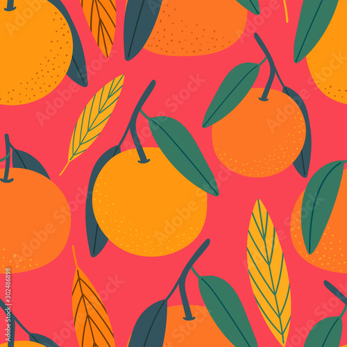 Citrus hand drawn seamless pattern for print, textile, fabric. Modern hand drawn stylized mandarins background.