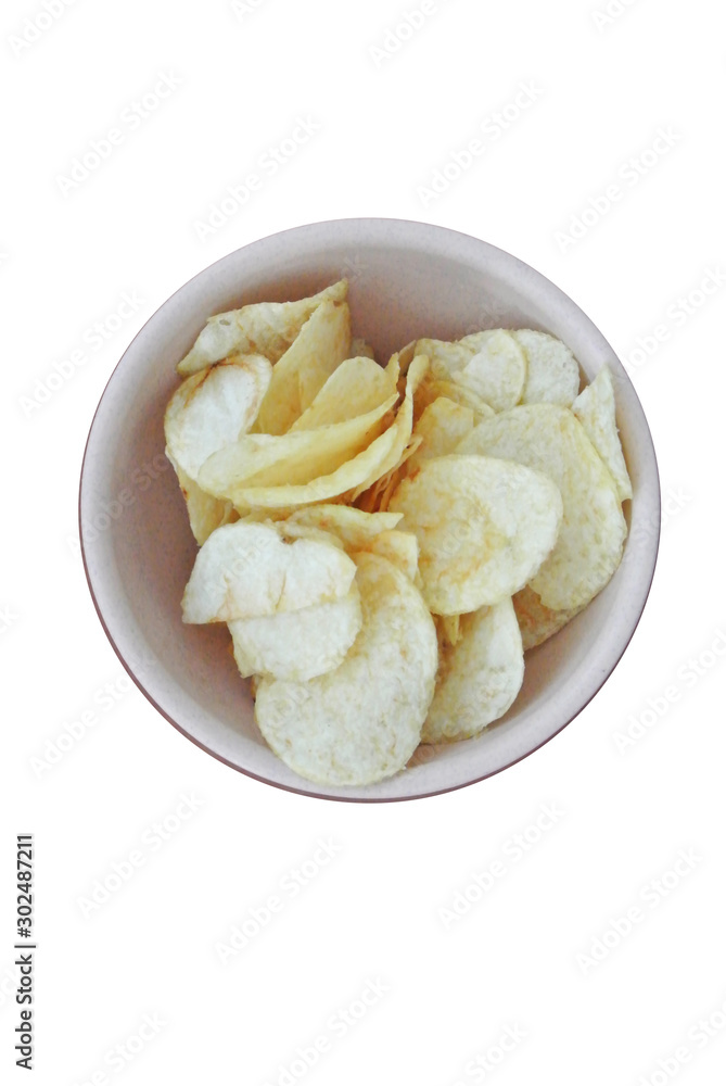 bowl of potato chips on white