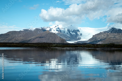 View of a glacier in the mountains and reflective lake along the ring road of Iceland's east coast