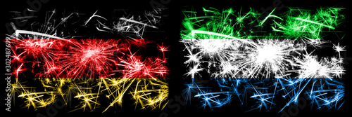 Germany, German vs Sierra Leone New Year celebration travel sparkling fireworks flags concept background. Combination of two abstract states flags. © Vlad