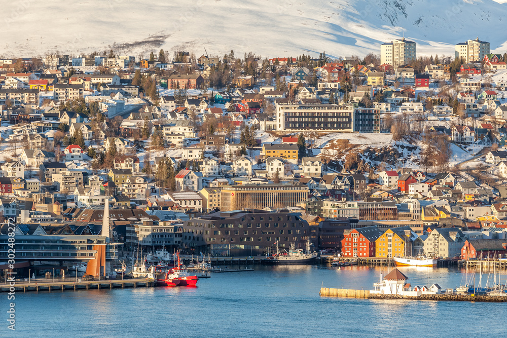 View of a marina in Tromso, North Norway.
