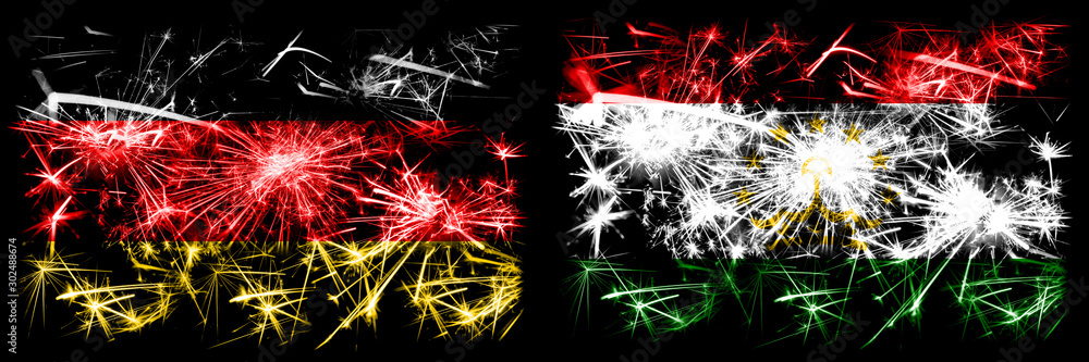Fototapeta premium Germany, German vs Tajikistan, Tajikistani New Year celebration travel sparkling fireworks flags concept background. Combination of two abstract states flags.