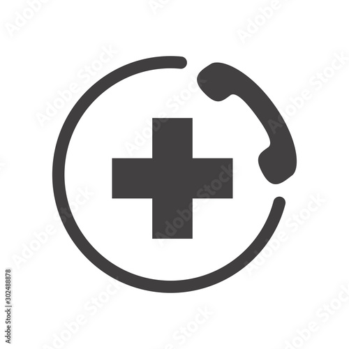 AID icon. Emergency phone symbol. Black sign on white background.