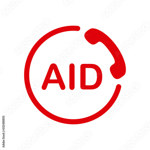 AID icon. Emergency phone symbol. Red sign on white background.