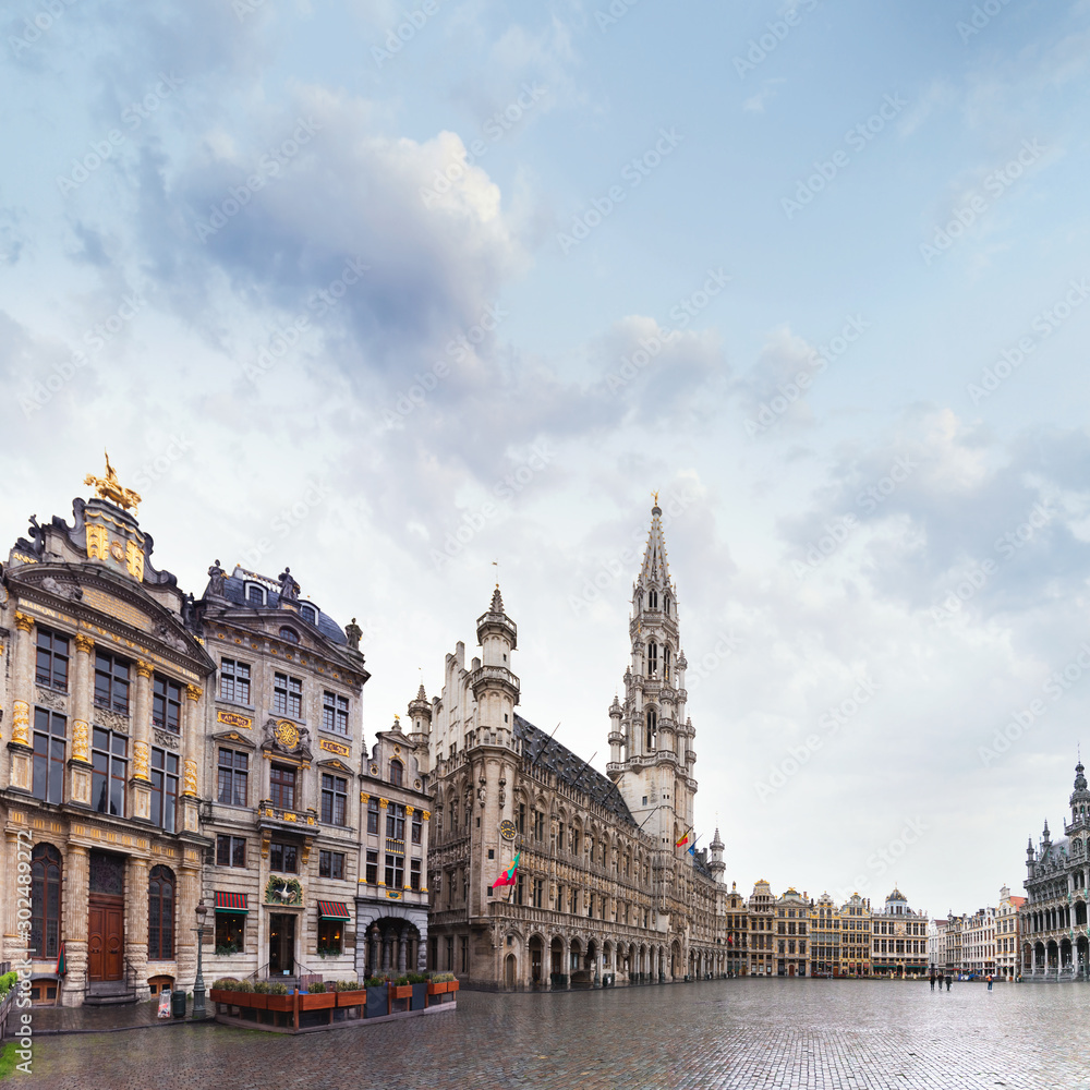 Panorama of the Market Square or Grand Place in Brussels in autumn rainy weather, Belgium