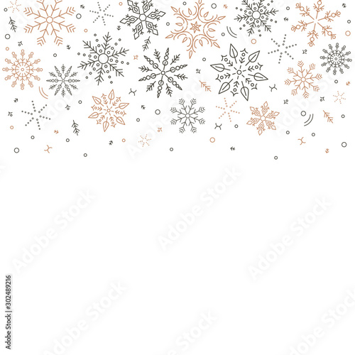 gray golden snowflakes fall from above. Christmas element. Congratulatory holiday background and Xmas concept.