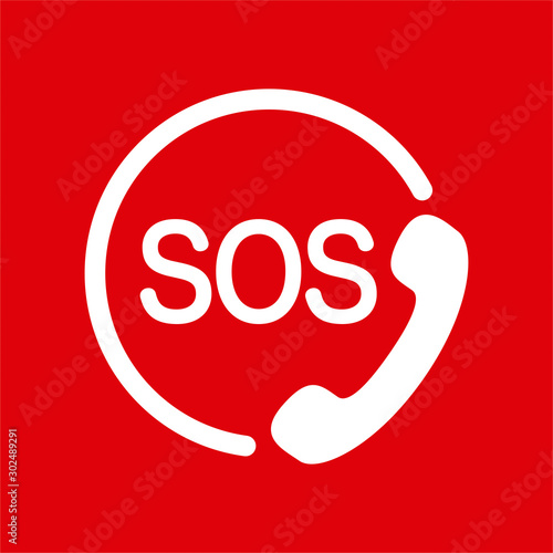SOS icon. Emergency phone symbol. White sing on red background.