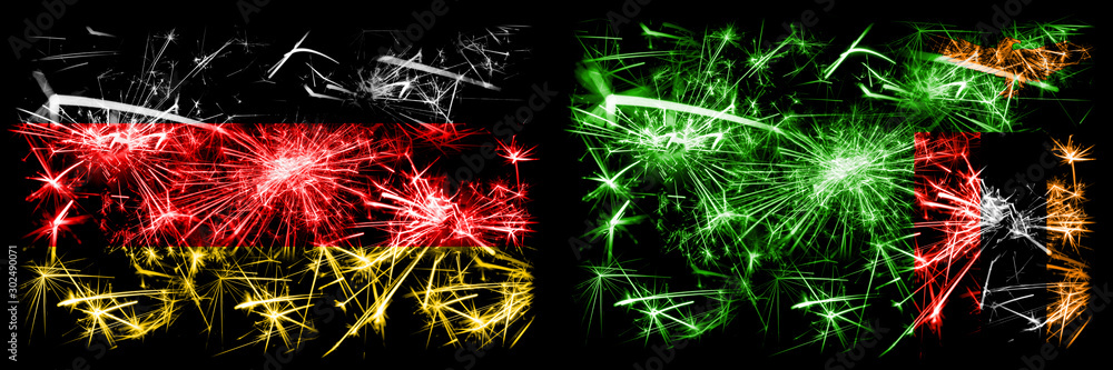 Fototapeta premium Germany, German vs Zambia, Zambian New Year celebration travel sparkling fireworks flags concept background. Combination of two abstract states flags.