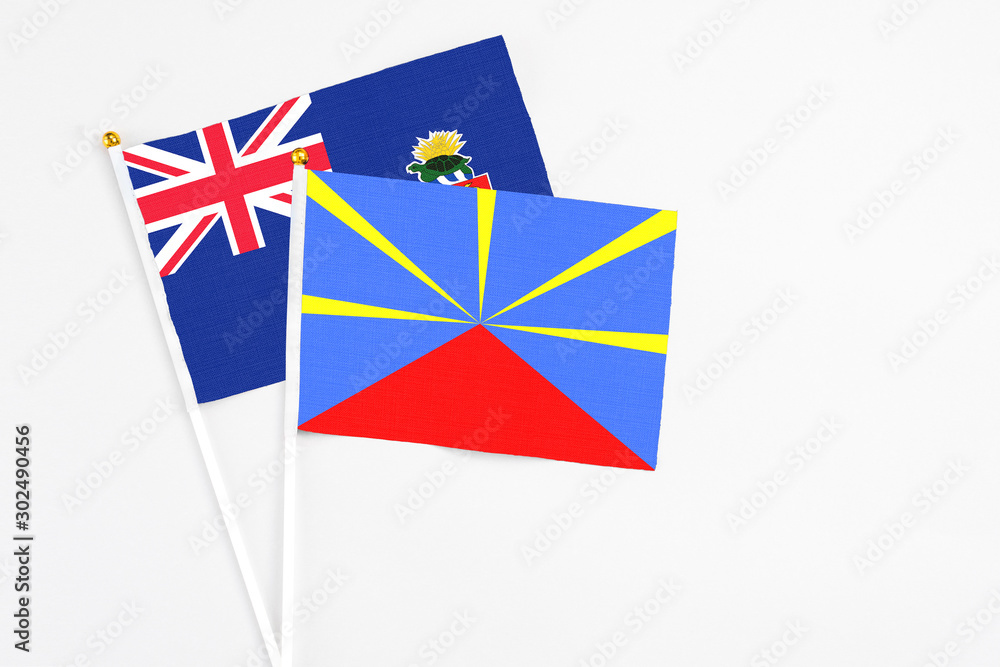 Reunion and Cayman Islands stick flags on white background. High quality fabric, miniature national flag. Peaceful global concept.White floor for copy space. Reunion and Cayman Islands stick flags on white background. High quality fabric, miniature national flag. Peaceful global concept.White floor for copy space.