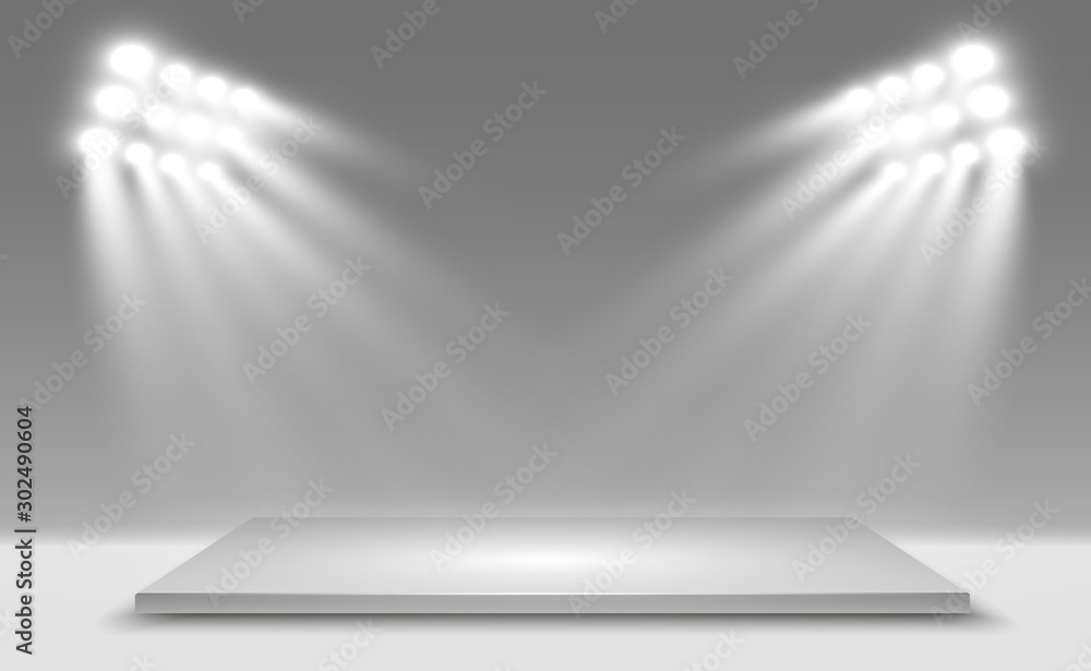 Realistic 3d Light Box with platform background for design performance, show, exhibition. Vector illustration of Lightbox Studio Interior. Podium with spotlights. - obrazy, fototapety, plakaty 