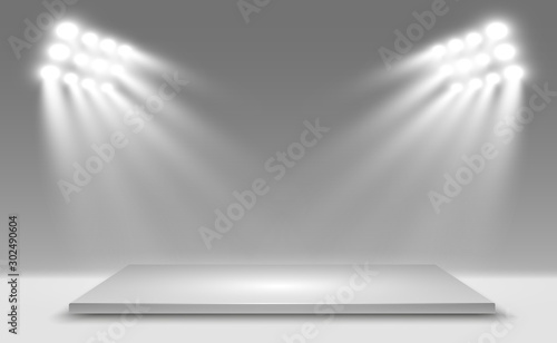 Realistic 3d Light Box with platform background for design performance, show, exhibition. Vector illustration of Lightbox Studio Interior. Podium with spotlights.