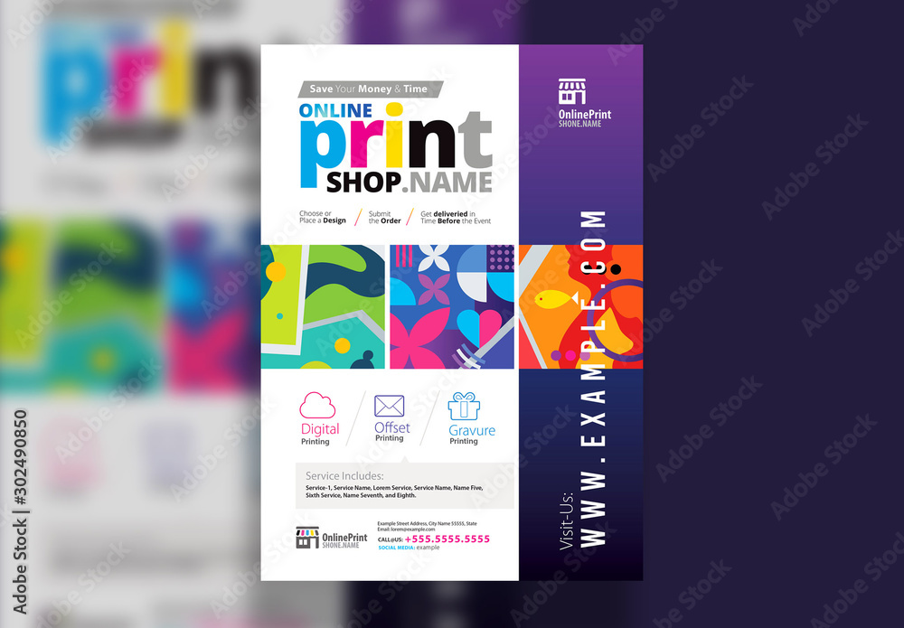 Print Shop Poster Layout with Colorful Graphics Stock Template Adobe