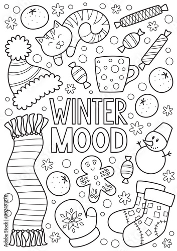 Doodle coloring book page winter mood pattern. Antistress for adult