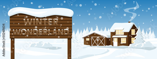 House in a snowy forest with wooden signboard "Winter wonderland". Vector banner template	