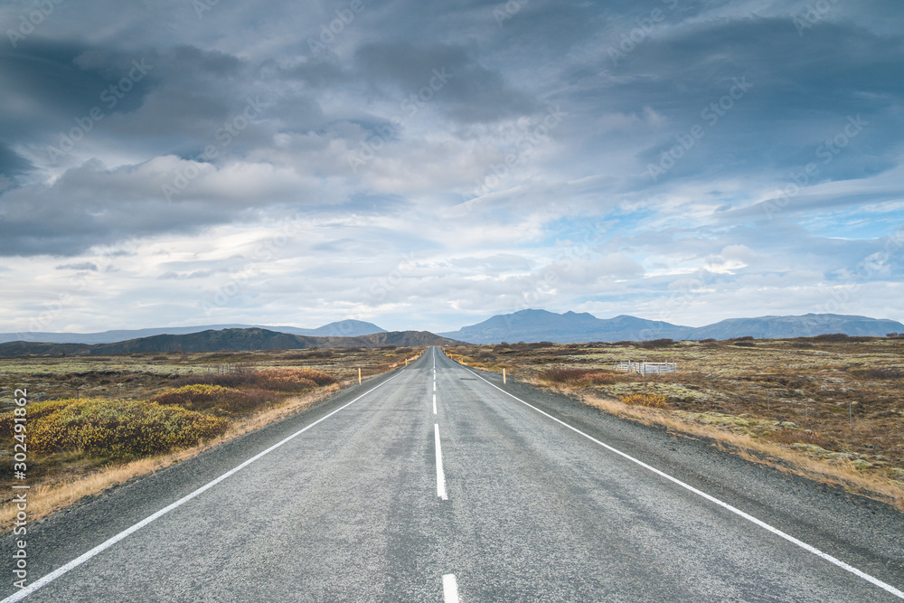 Naklejka premium Tarmac scenic road at Iceland. Beautiful landscape, cloudy blue sky. Backplate.