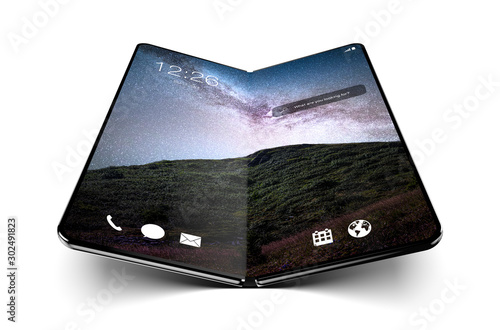 Smartphone with fold feature - modern construction, future of modern smartphones or tablets, wallpaper with galaxy, milky way in mountains