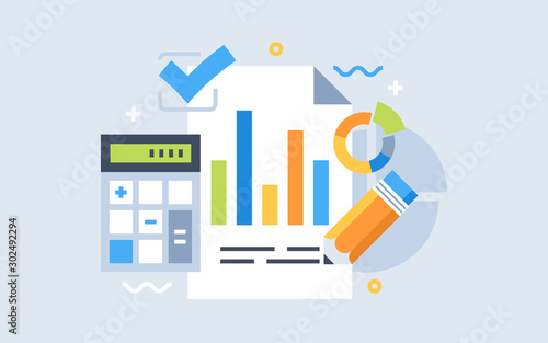 Auditing concepts. Tax process. Research, project management, planning, accounting, analysis, data. Vector illustration flat design.