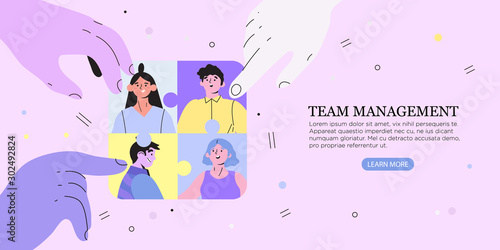 Vector illustration of hands doing jigsaw puzzle with people, coworkers. Company employees coordination, personnel productivity, effective team building and management, teamwork, leadership concept.
