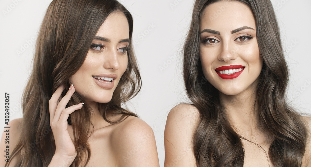 Portrait of cheerful pretty young women with light makeup and wave brown hair isolated white background Portrait of cheerful pretty young women with light makeup and wave brown hair isolated white background