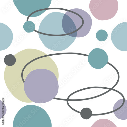 Geometrical seamless pattern with hand drawn uneven circles and elipsis like stylized planets Abstract blue, green, beige and pink pastel colors on white background. Vintage retro style. Vector eps10.
