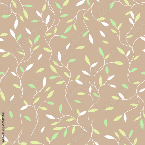 Decorative seamless pattern with white and green sprouts with leaves on beige background. Ideall for fabric  wallpaper  wrapping paper  pattern fills  textile  web page textures. Vector Eps 10