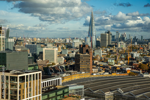 Europe, United kingdom, London cityscape with skyscrapers and many houses. Waterloo international railway station